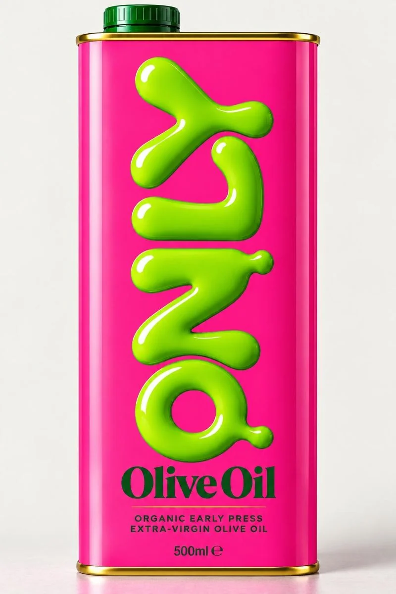 ONLY Organic Early Harvest olive oil tin, hot pink with glossy lime-green lettering